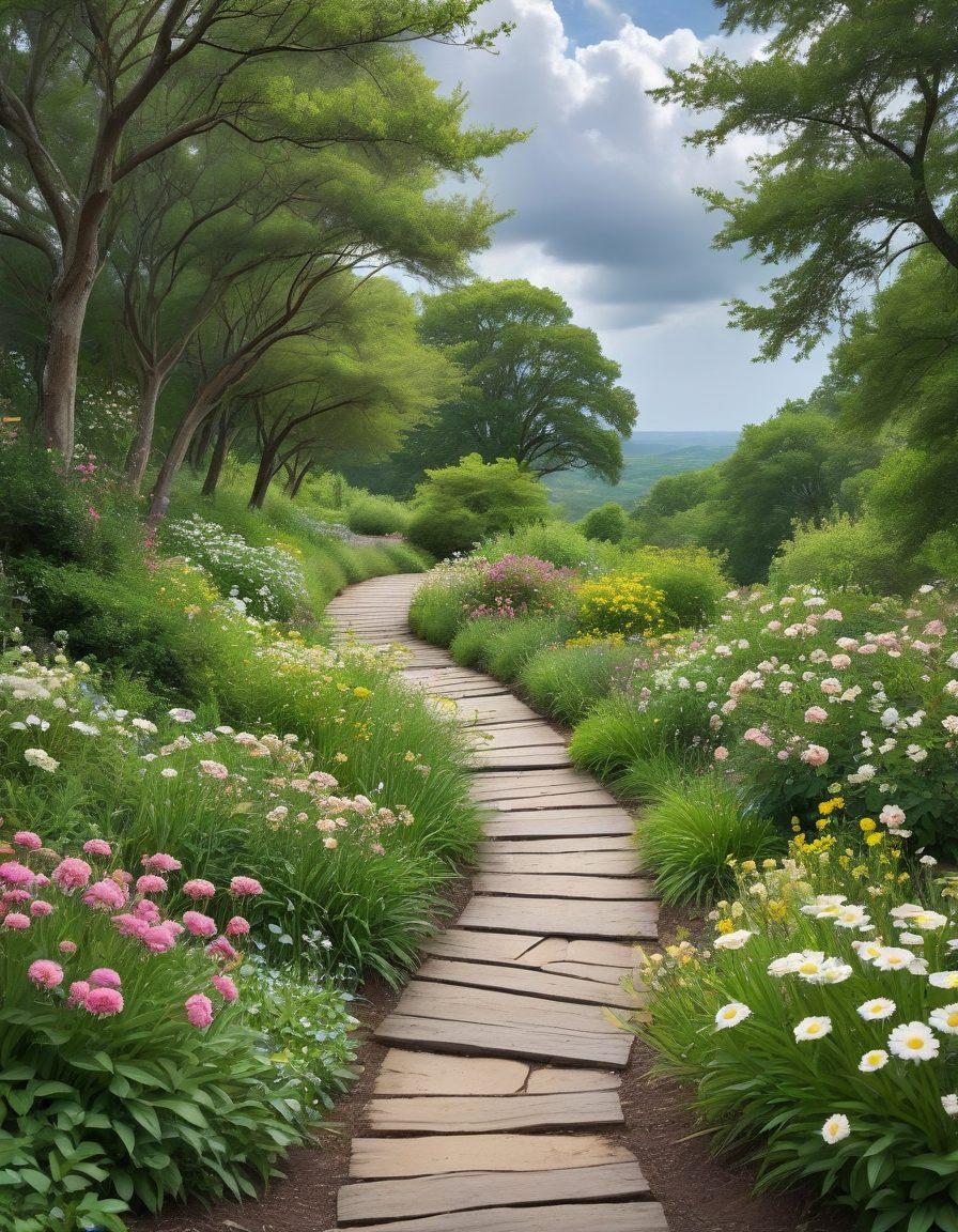 A serene landscape transitioning from dark, stormy clouds to a bright, sunny sky, symbolizing the journey from sadness to healing. Include a winding path with lush green trees and blooming flowers along the sides, representing growth and hope. Show a person walking along this path, with a gentle smile, absorbing the beauty around them. Soft, warm colors to evoke a sense of peace and transformation. painting. soft pastels.