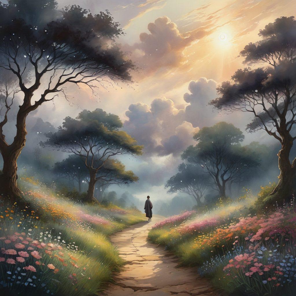 A serene landscape with soft, diffused sunlight breaking through dark, rolling clouds, symbolizing hope amidst sorrow. In the foreground, a winding path leading through shadowy trees, with delicate flowers and small, glowing orbs of light representing memories. A figure standing still, looking upward, capturing the essence of contemplation and healing. Artistic style: watercolor painting, ethereal colors, blending dark and light.