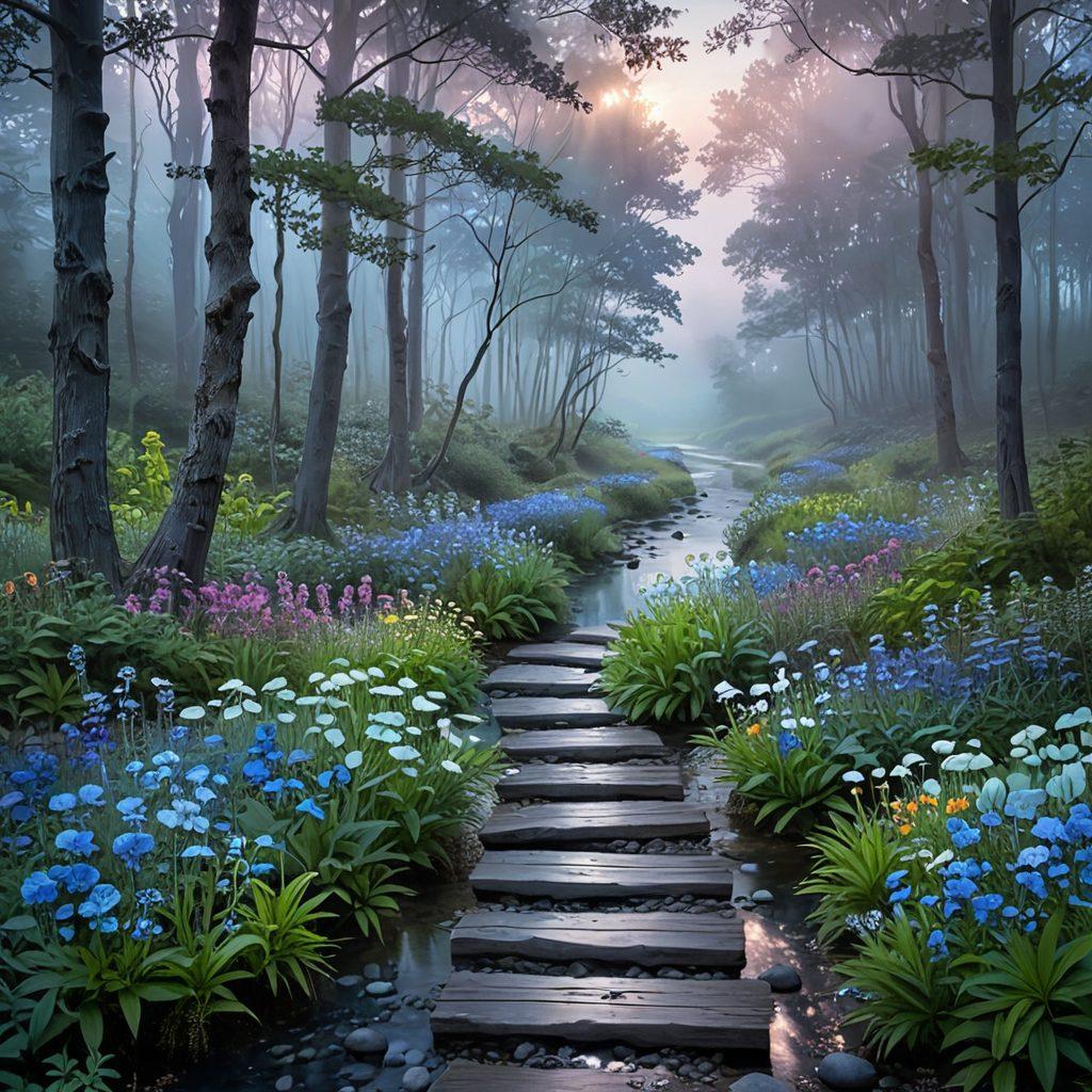 A serene, winding path through a tranquil forest, with muted colors blending shades of blue and gray to represent sadness, interspersed with bright flowers symbolizing healing and hope. A gentle stream flows alongside, reflecting soft light, while distant figures walk contemplatively, embodying a journey of emotions. The sky above transitions from gloomy clouds to a bright, hopeful dawn. surrealistic. pastel colors. ethereal background.